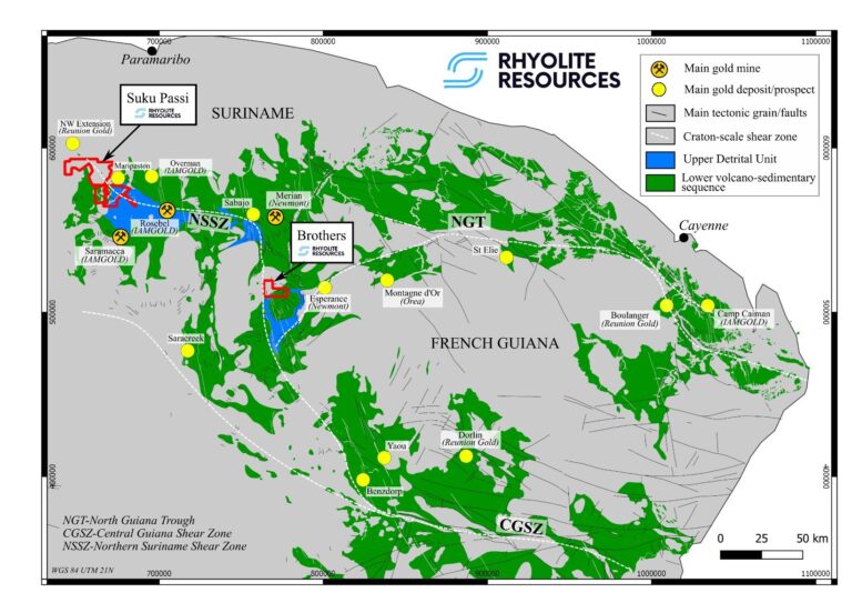 Rhyolite Identifies 3.5km of Gold in Guiana Shield